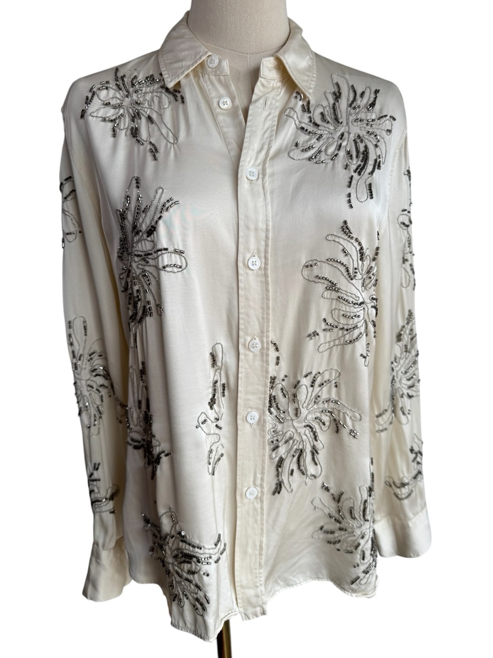 Zara Satin Beaded Button Up Blouse Womens S Cream Ivory Cocktail Party Event EUC